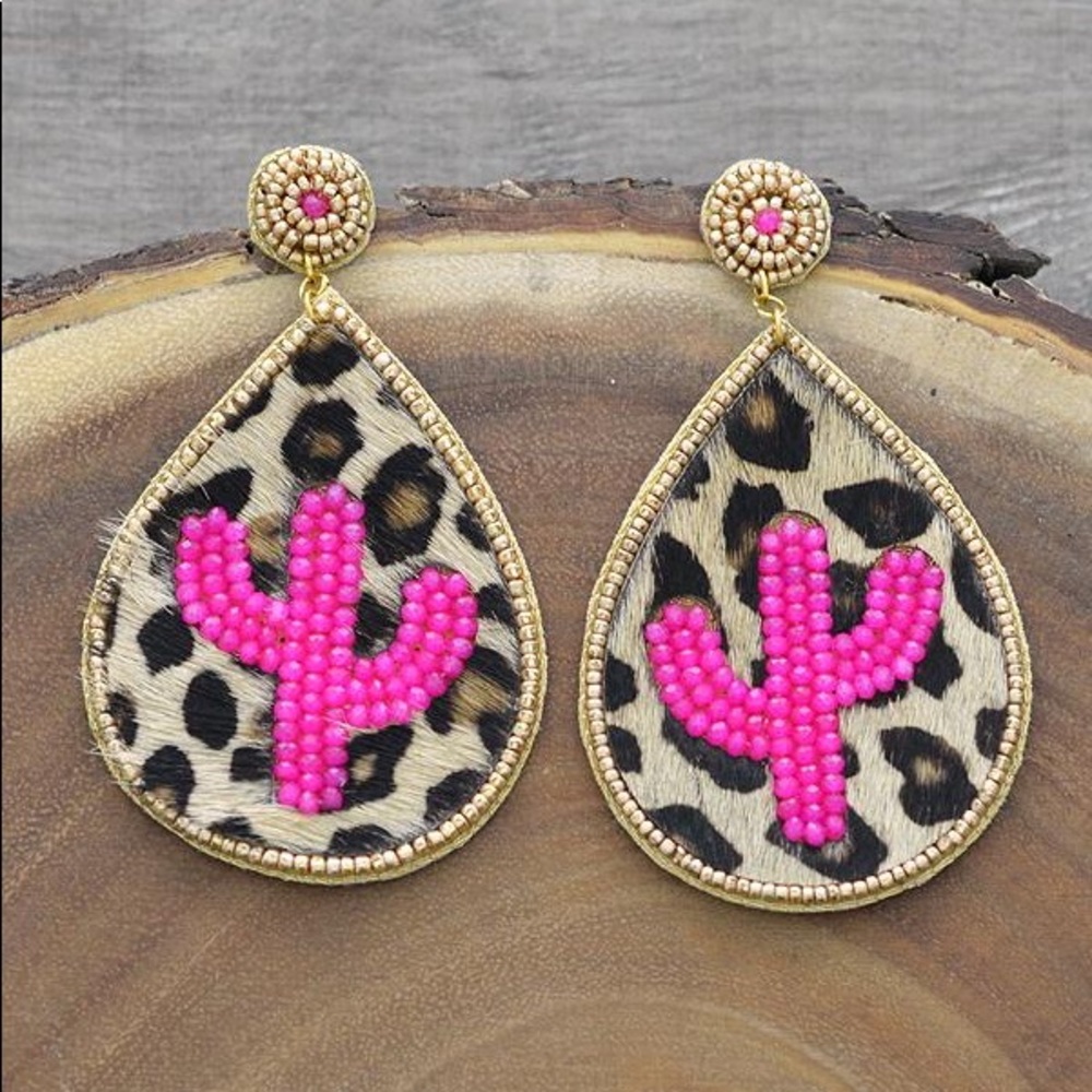 Leopard pink cactus earrings